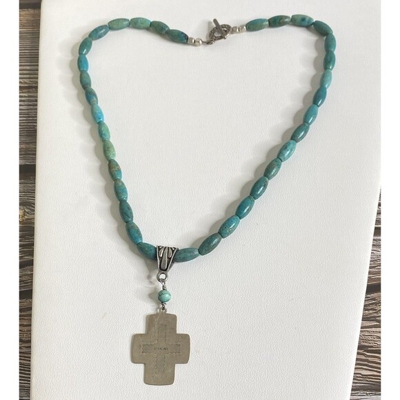VTG Genuine Turquoise Sterling Cross  Native American Southwestern 18” Necklace - Picture 5 of 11